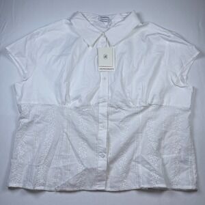 Peppermayo Myola Shirt Women 18 White Cotton Semi-Sheer Bodice Collar Cap Sleeve